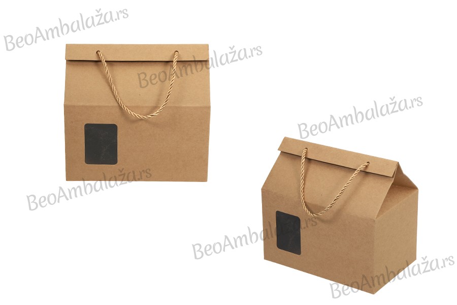 Kutija - paket za pakovanje 220x140x190mm od Kraft papira sa prozorom i ručkom od kanapa - 20 kom