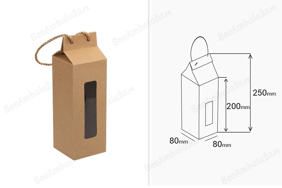 Kutija - paket za pakovanje 80x80x250mm od Kraft papira sa prozorom i ručkom od kanapa - 20 kom-dimenzije_slike