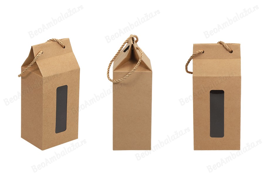 Kutija - paket za pakovanje 100x80x230mm od Kraft papira sa prozorom i ručkom od kanapa - 20 kom-grupa_slika