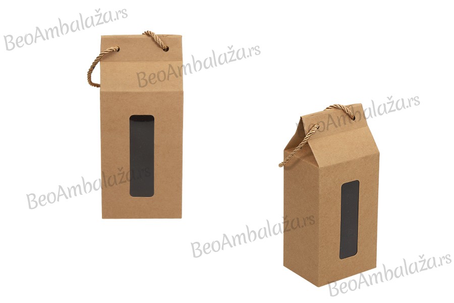 Kutija - paket za pakovanje 100x80x230mm od Kraft papira sa prozorom i ručkom od kanapa - 20 kom