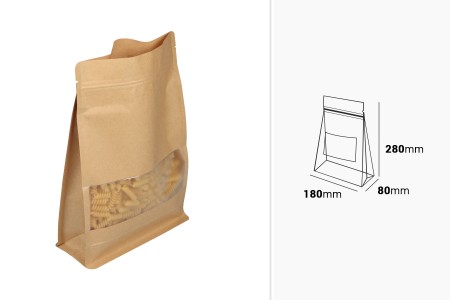 Kraft DoyPack kesice 180x80x280 mm sa zip zatvaranjem, prozorom, unutrašnjom i spoljašnjom providnom oblogom i mogućnošću termo zatvaranja  - 50 kom-dimenzije_slike