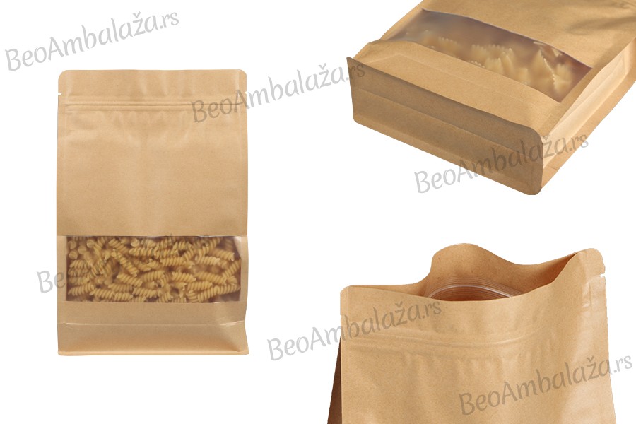 Kraft DoyPack kesice sa zip zatvaranjem i prozorom, unutrašnjom i spoljašnjom providnom oblogom, četvrtastim dnom i sa mogućnošću termo zatvaranja 180x80x280mm - 50 kom