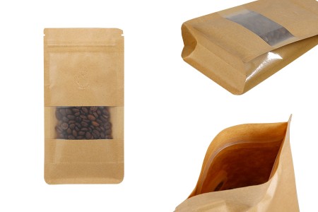 Kraft Doy Pack kesice sa "zip" zatvaranjem 100x60x200 mm, ventilom, prozorom, unutrašnjom i spoljašnjom providnom oblogom i mogućnost termo zatvaranja  - 25 kom-slika_proizvoda