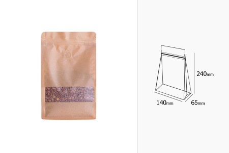 Kraft DoyPack kesice sa zip zatvaranjem 140x65x240 mm, ventilom, prozorom, unutrašnjom i spoljašnjom providnom oblogom i sa mogućnošću termo zatvaranja  - 50 komada-grupa_slika