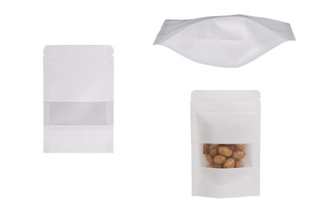 Kraft DoyPack  90x30x140mm kesice u beloj boji sa zip zatvaranjem, prozorom, ovalnim dnom i sa mogućnošću termo zatvaranja - 100kom-slika_proizvoda