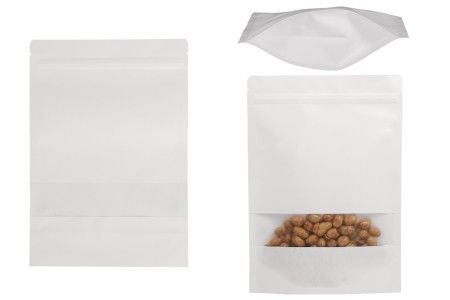 Kraft DoyPack kesice u beloj boji sa zip zatvaranjem  180x40x260mm , prozorom, ovalnim dnom i sa mogućnošću termo zatvaranja- 100kom-slika_proizvoda