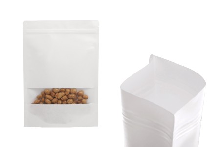 Kraft DoyPack kesice u beloj boji sa zip zatvaranjem  180x40x260mm , prozorom, ovalnim dnom i sa mogućnošću termo zatvaranja- 100kom-grupa_slika
