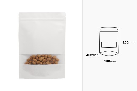 Kraft DoyPack kesice u beloj boji sa zip zatvaranjem  180x40x260mm , prozorom, ovalnim dnom i sa mogućnošću termo zatvaranja- 100kom-dimenzije_slike