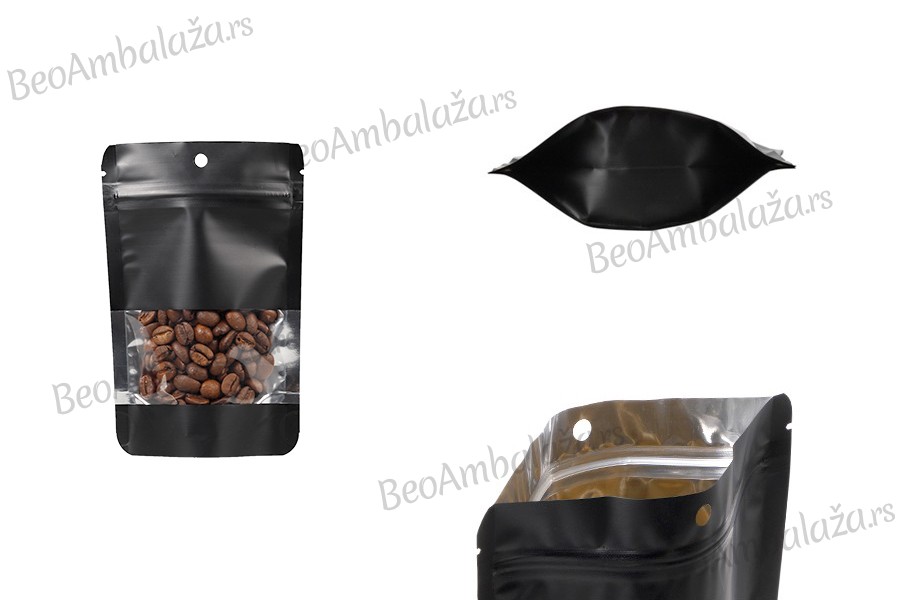 Crna aluminijumska DoyPack kesica sa zip zatvaranjem, prozorom, ovalnim dnom i sa mogućnošću termo lepljenja 90x25x135mm - 100kom