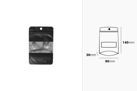 Crna aluminijumska DoyPack  90x30x140mm kesica sa zip zatvaranjem, prozorom, ovalnim dnom i sa mogućnošću termo lepljenja - 100kom-dimenzije_slike