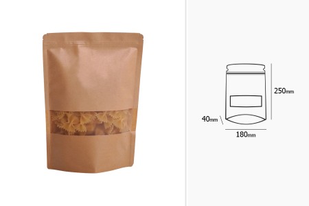 Kraft DoyPack kesice sa zip zatvaranjem i prozorom, unutrašnjom i spoljašnjom providnom oblogom, ovalnim dnom i sa mogućnošću termo zatvaranja 180x40x250 mm – 100 kom-dimenzije_slike