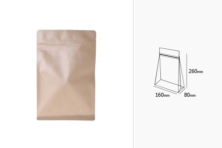 Kraft DoyPack kesice sa zip zatvaranjem  160x80x260 mm, unutrašnjom aluminijumskom oblogom, četvrtastim dnom i sa mogućnošću termo zatvaranja – 50kom-dimenzije_slike