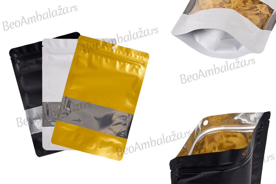 Aluminijumske DoyPack kesice sa zip zatvaranjem, prozorom, ovalnim dnom i sa mogućnošću termo lepljenja 160x40x240mm - 100kom