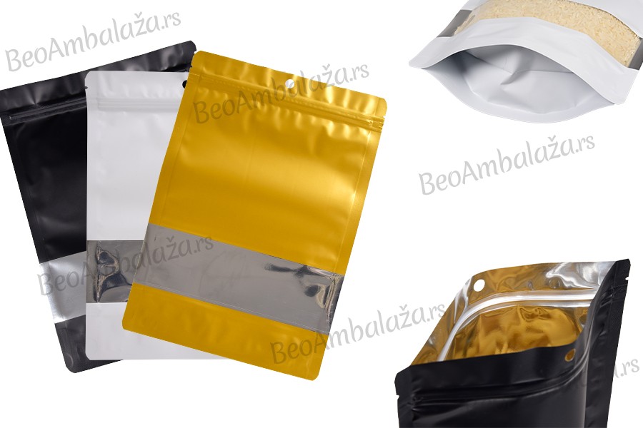 Aluminijumske DoyPack kesice sa zip zatvaranjem, prozorom, ovalnim dnom i sa mogućnošću termo lepljenja 180x40x260mm - 100kom