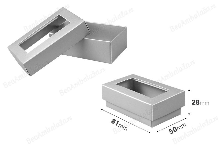 Papirna srebrna kutija 81x50x28 mm za poklone, sa prozorom - 50 kom-dimenzije_slike