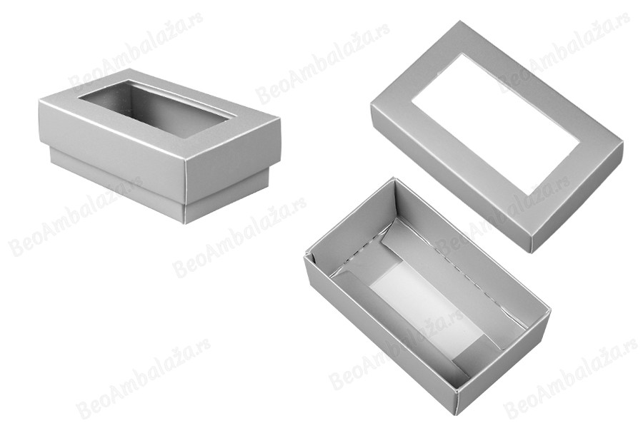 Papirna srebrna kutija 81x50x28 mm za poklone, sa prozorom - 50 kom-slika_proizvoda