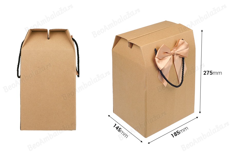 Papirna kraft poklon kutija - torbica 185x145x275 mm sa mašnom i ručkom - 12 kom-dimenzije_slike