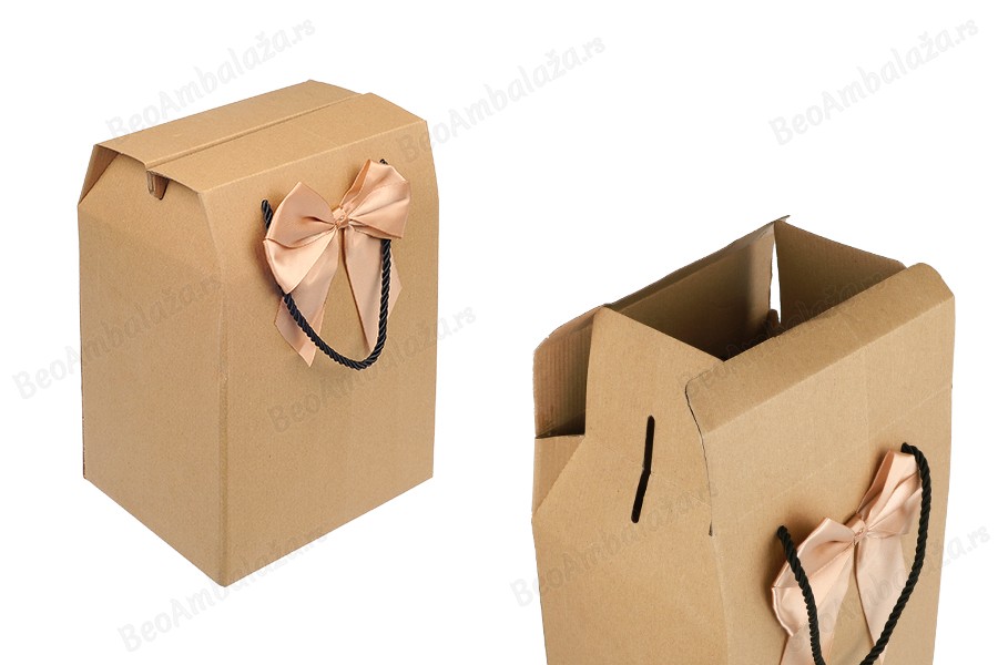 Papirna kraft poklon kutija - torbica 185x145x275 mm sa mašnom i ručkom - 12 kom-slika_proizvoda