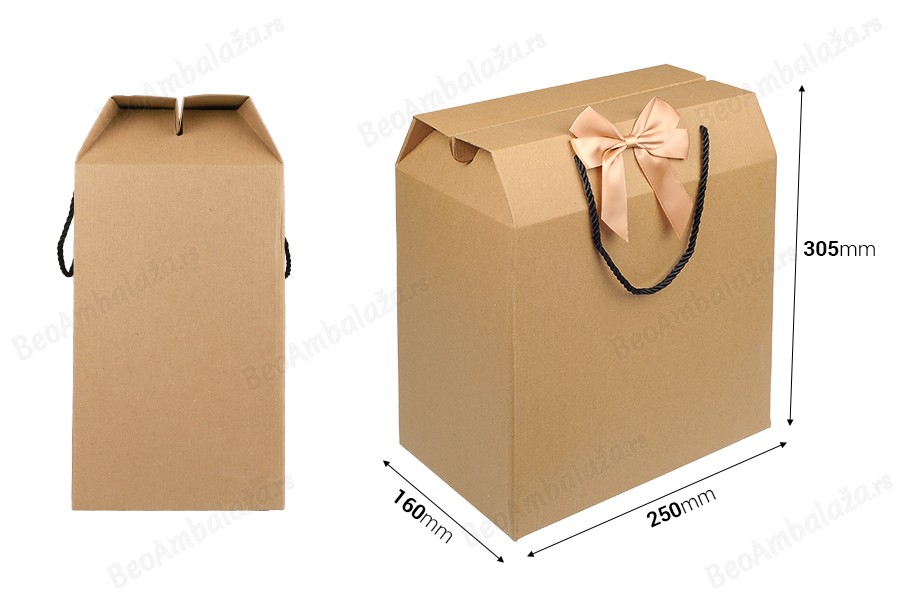 Papirna kraft poklon kutija - torbica 250x160x305 mm sa mašnom i ručkom - 12 kom-dimenzije_slike