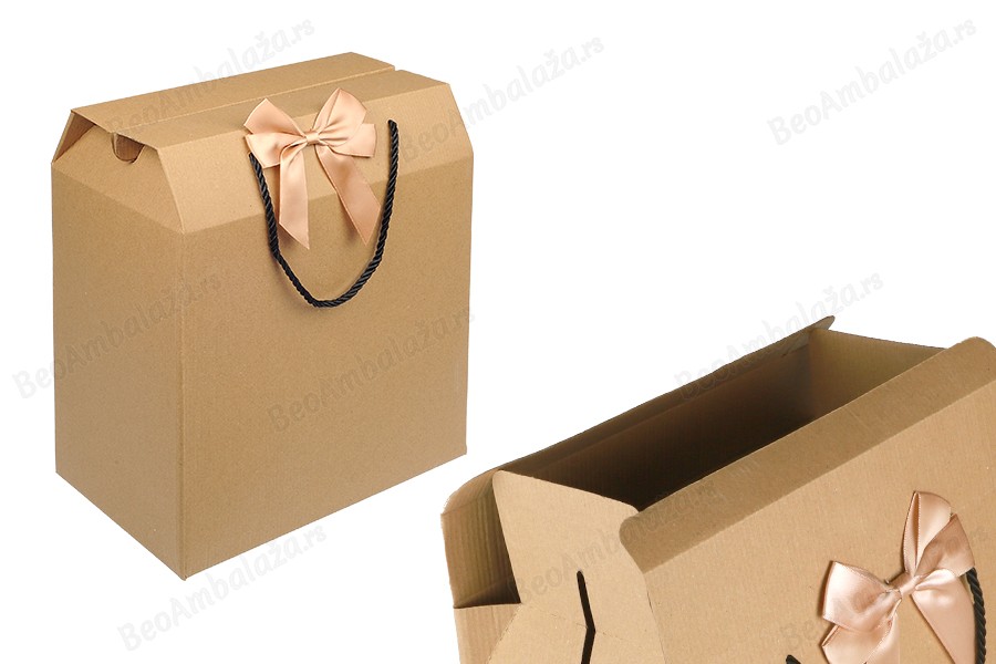 Papirna kraft poklon kutija - torbica 250x160x305 mm sa mašnom i ručkom - 12 kom-slika_proizvoda
