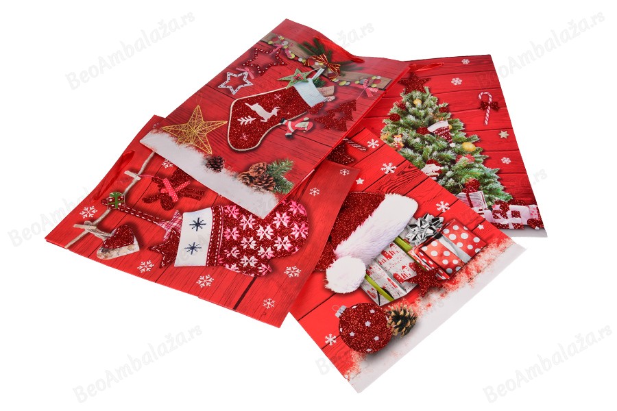 Ukrasna papirna kesa 300x120x400 mm sa novogodišnjim motivima (miks boja) - 12 kom-