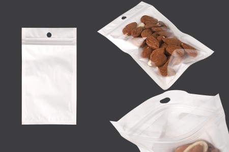Plastična zip kesica 90x160mm sa belom zadnjom i providnom prednjom stranom, okruglom rupom za kačenje i mogućnost termo zatvaranja - 100 kom-slika_proizvoda