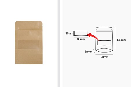 Kraft DoyPack  90x30x140mm kesice sa zip zatvaranjem i prozorom, unutrašnjom i spoljašnjom providnom oblogom, ovalnim dnom i sa mogućnošću termo zatvaranja  – 100kom-dimenzije_slike