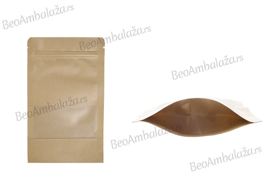 Kraft DoyPack kesice 120x40x200mm sa zip zatvaranjem i prozorom, unutrašnjom i spoljašnjom providnom oblogom, ovalnim dnom i sa mogućnošću termo zatvaranja – 100kom