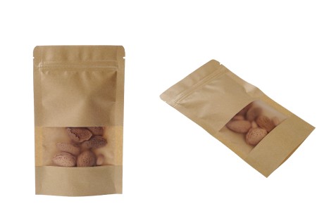 Kraft DoyPack kesice 120x40x200mm sa zip zatvaranjem i prozorom, unutrašnjom i spoljašnjom providnom oblogom, ovalnim dnom i sa mogućnošću termo zatvaranja – 100kom-grupa_slika