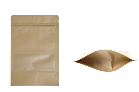 Kraft DoyPack kesice 140x40x200mm sa zip zatvaranjem i prozorom, unutrašnjom i spoljašnjom providnom oblogom, ovalnim dnom i sa mogućnošću termo zatvaranja – 100kom-slika_proizvoda