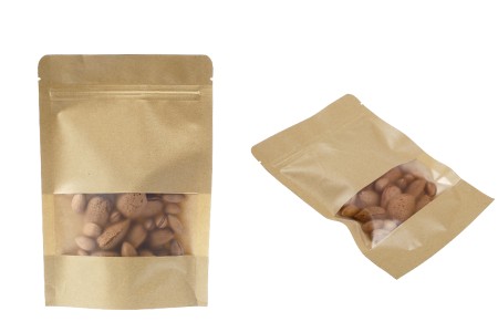 Kraft DoyPack kesice 140x40x200mm sa zip zatvaranjem i prozorom, unutrašnjom i spoljašnjom providnom oblogom, ovalnim dnom i sa mogućnošću termo zatvaranja – 100kom-grupa_slika