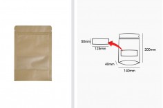 Kraft DoyPack kesice 140x40x200mm sa zip zatvaranjem i prozorom, unutrašnjom i spoljašnjom providnom oblogom, ovalnim dnom i sa mogućnošću termo zatvaranja – 100kom