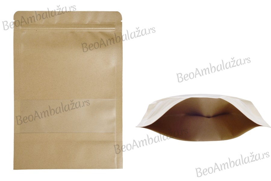 Kraft DoyPack kesice 170x40x240mm sa zip zatvaranjem i prozorom, unutrašnjom i spoljašnjom providnom oblogom, ovalnim dnom i sa mogućnošću termo zatvaranja – 100kom