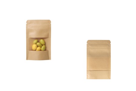 Kraft DoyPack kesice sa zip zatvaranjem i prozorom  80x30x130mm , unutrašnjom i spoljašnjom providnom oblogom, ovalnim dnom i sa mogućnošću termo zatvaranja– 100kom-grupa_slika