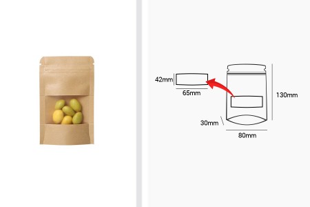 Kraft DoyPack kesice sa zip zatvaranjem i prozorom  80x30x130mm , unutrašnjom i spoljašnjom providnom oblogom, ovalnim dnom i sa mogućnošću termo zatvaranja– 100kom-dimenzije_slike