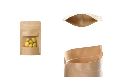 Kraft DoyPack kesice sa zip zatvaranjem i prozorom  80x30x130mm , unutrašnjom i spoljašnjom providnom oblogom, ovalnim dnom i sa mogućnošću termo zatvaranja– 100kom-slika_proizvoda