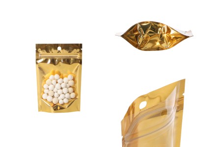 Aluminijumske DoyPack kesice sa zip zatvaranjem, zlatnom zadnjom i transparentnom prednjom stranom, ovalnim dnom i sa mogućnošću termo lepljenja 100x30x150mm – 100kom-slika_proizvoda