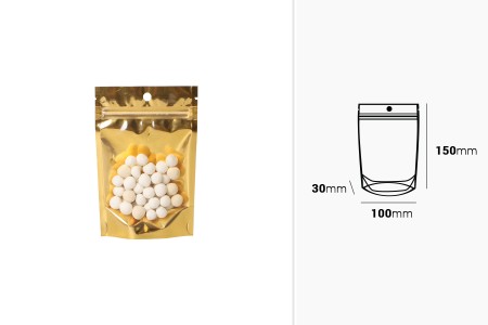 Aluminijumske DoyPack kesice sa zip zatvaranjem, zlatnom zadnjom i transparentnom prednjom stranom, ovalnim dnom i sa mogućnošću termo lepljenja 100x30x150mm – 100kom-dimenzije_slike
