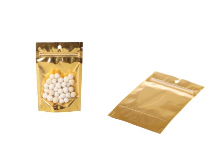 Aluminijumske DoyPack kesice sa zip zatvaranjem, zlatnom zadnjom i transparentnom prednjom stranom, ovalnim dnom i sa mogućnošću termo lepljenja 100x30x150mm – 100kom-grupa_slika