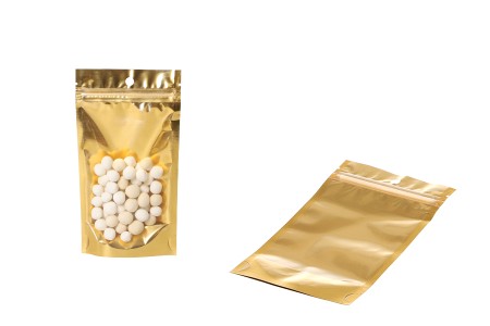 Aluminijumske DoyPack kesice 100x30x180mm sa zip zatvaranjem, zlatnom zadnjom i transparentnom prednjom stranom, ovalnim dnom i sa mogućnošću termo lepljenja – 100kom-grupa_slika