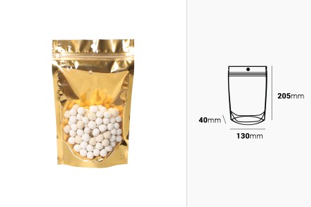 Aluminijumske DoyPack kesice sa zip zatvaranjem, zlatnom zadnjom i transparentnom prednjom stranom, ovalnim dnom i sa mogućnošću termo lepljenja 130x40x205mm – 100kom-dimenzije_slike