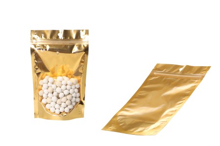 Aluminijumske DoyPack kesice sa zip zatvaranjem, zlatnom zadnjom i transparentnom prednjom stranom, ovalnim dnom i sa mogućnošću termo lepljenja 130x40x205mm – 100kom-grupa_slika