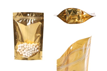 Aluminijumske DoyPack kesice sa zip zatvaranjem, zlatnom zadnjom i transparentnom prednjom stranom, ovalnim dnom i sa mogućnošću termo lepljenja 150x40x230 mm – 100kom-slika_proizvoda
