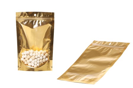 Aluminijumske DoyPack kesice sa zip zatvaranjem, zlatnom zadnjom i transparentnom prednjom stranom, ovalnim dnom i sa mogućnošću termo lepljenja 150x40x230 mm – 100kom-grupa_slika