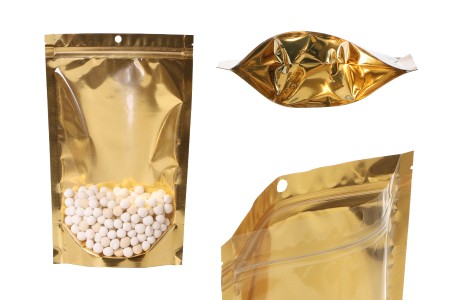 Aluminijumske DoyPack kesice sa zip zatvaranjem, zlatnom zadnjom i transparentnom prednjom stranom, ovalnim dnom i sa mogućnošću termo lepljenja 180x50x280mm – 100kom-slika_proizvoda