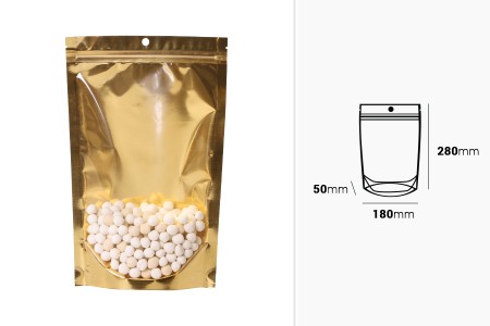 Aluminijumske DoyPack kesice sa zip zatvaranjem, zlatnom zadnjom i transparentnom prednjom stranom, ovalnim dnom i sa mogućnošću termo lepljenja 180x50x280mm – 100kom-dimenzije_slike