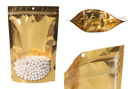Aluminijumske DoyPack kesice sa zip zatvaranjem, zlatnom zadnjom i transparentnom prednjom stranom, ovalnim dnom i sa mogućnošću termo lepljenja  200x50x300mm – 100kom-slika_proizvoda