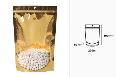 Aluminijumske DoyPack kesice sa zip zatvaranjem, zlatnom zadnjom i transparentnom prednjom stranom, ovalnim dnom i sa mogućnošću termo lepljenja  200x50x300mm – 100kom-dimenzije_slike