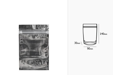 Aluminijumske DoyPack kesice 90x30x140mm sa zipom, transparentnom prednjom stranom, ovalnim dnom i sa mogućnošću termo zatvaranja – 100kom-dimenzije_slike