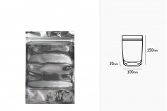Aluminijumske DoyPack kesice 100x30x150mm sa zipom, transparentnom prednjom stranom, ovalnim dnom i sa mogućnošću termo zatvaranja – 100kom